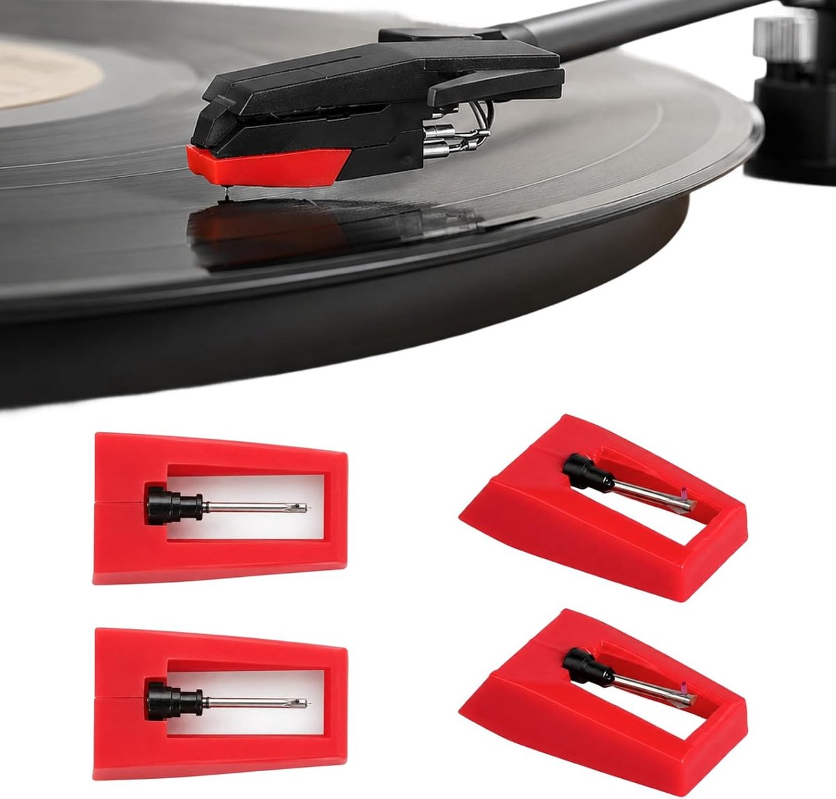 Set van 4 vervangende platenspelennaalden met robijnpunt, phono-naald voor optimale geluidskwaliteit en aluminium arm