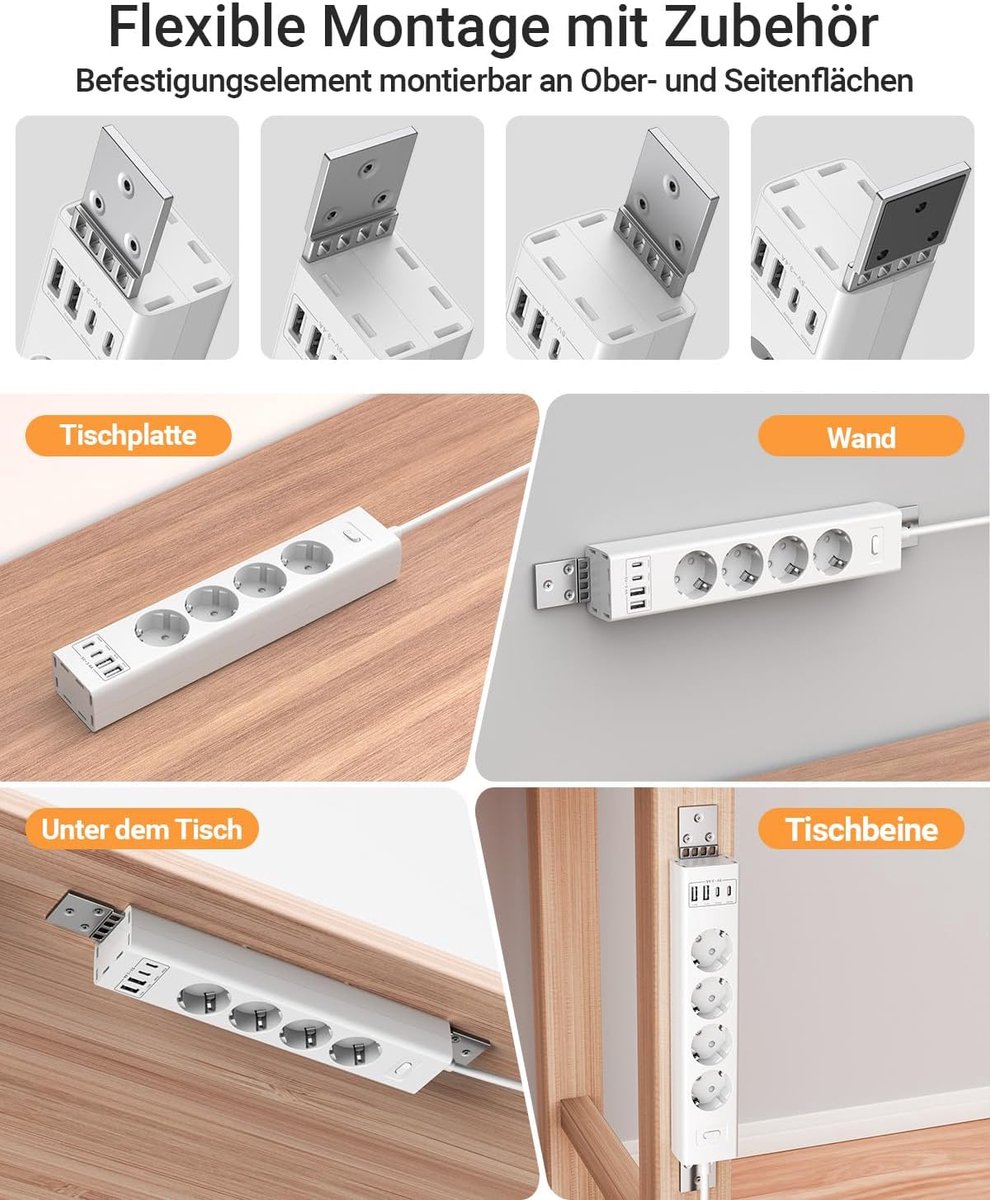 Thijox - Stekkerdoos met Draaibare Bevestiging, 4 Stopcontacten + 4 USB Poorten (PD20W), 2m Verlengsnoer, 4000W Overspanningsbeveiliging voor Onder Ta