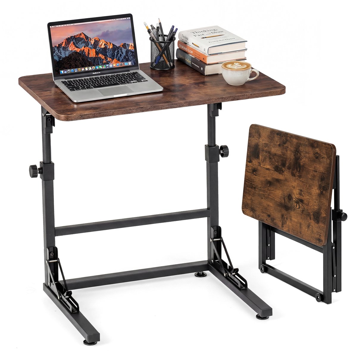 COSTWAY Bedtafel, in hoogte verstelbare, opvouwbare onderhoudstafel, laptoptafel in C-vorm van metaal & hout, bijzettafel, ziekenhuistafel voor ziekenhuis & thuis, 59,5 x 39 x 51-66 cm