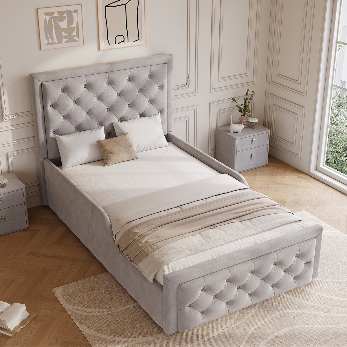 OKWISH Gestoffeerd Bed 90x200 cm - Hydraulisch Opbergbed - Met Lattenbodem en Grote Opbergruimte - Kinderbed - Fluweel - Grijs - Zonder Matras