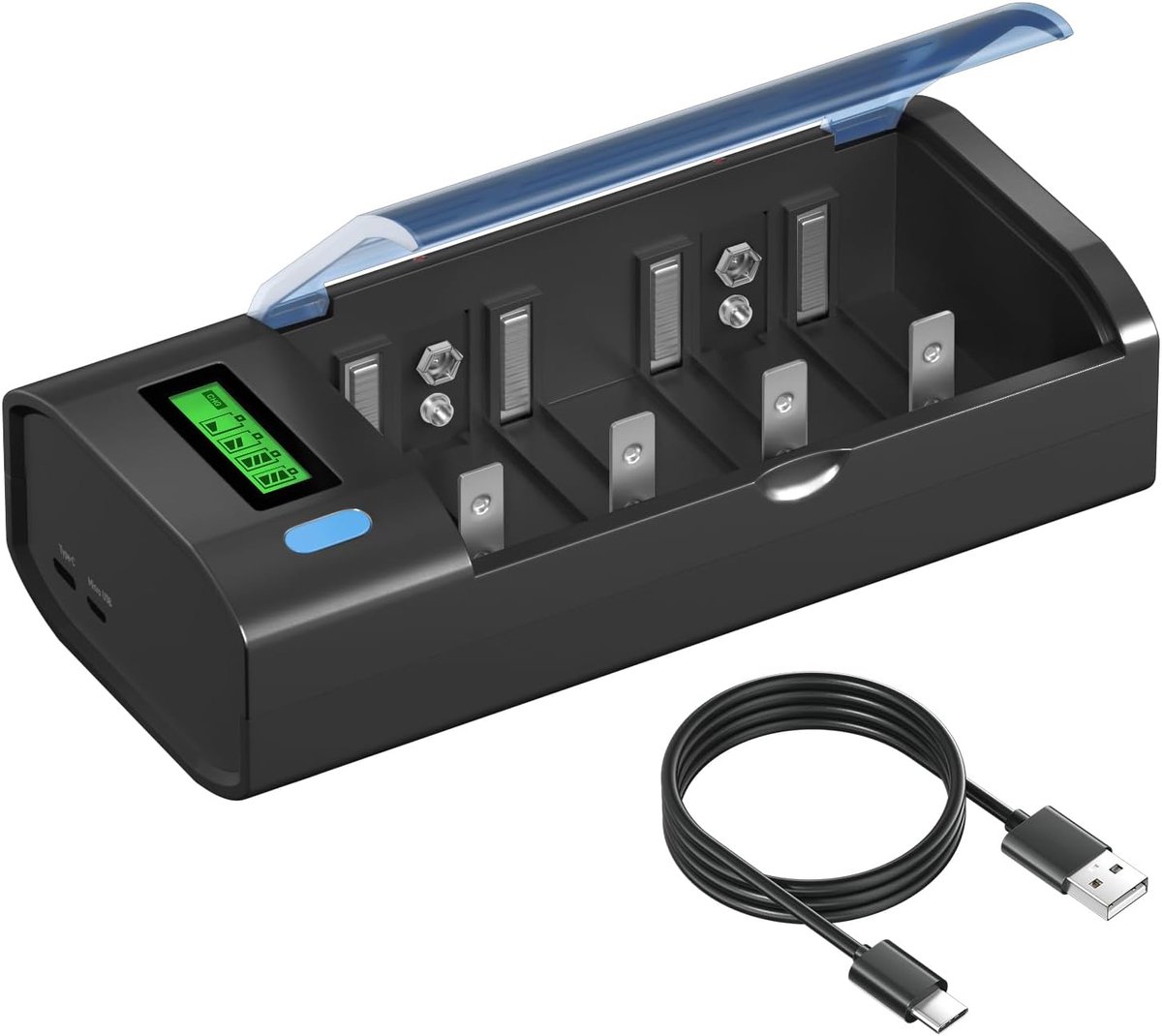 SnelShoppen - Universele Batterijlader AA AAA C D 9V - Snellader voor NiMH NiCD Batterijen met LCD Display en Ontladingsfunctie, Micro USB & Type C