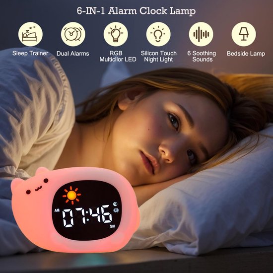 Alarm Clock Night Light with 8 Colors Light and 6 White Noises, Sleep Training Digital Clock, Adjustable Bright and Sound, Gifts for Kids - Cat — afbeelding 2