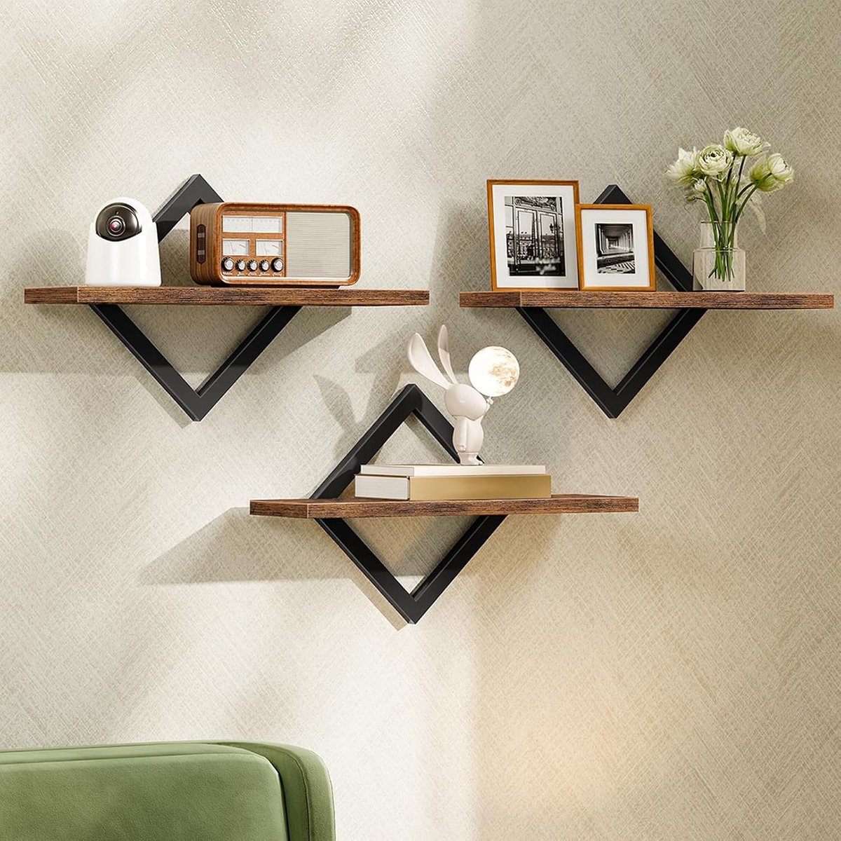 Thijox - Set van 3 Zwevende Planken, Muurplanken Ruitvormig, Hangende Planken voor Woonkamer, Slaapkamer, Keuken, Studeerkamer, Rustiek Bruin, Muur Ge