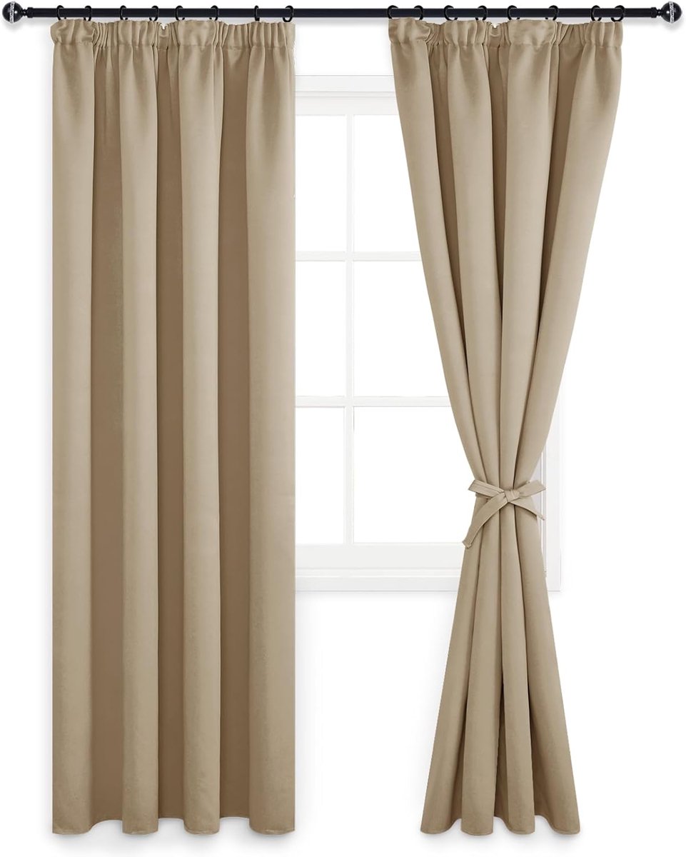 Thijox - Verduisterende Gordijnen 2 Stuks Kant en Klaar 140x245 cm Taupe, Thermische Plooiband Gordijnen voor Slaapkamer en Woonkamer, 100% Polyester,