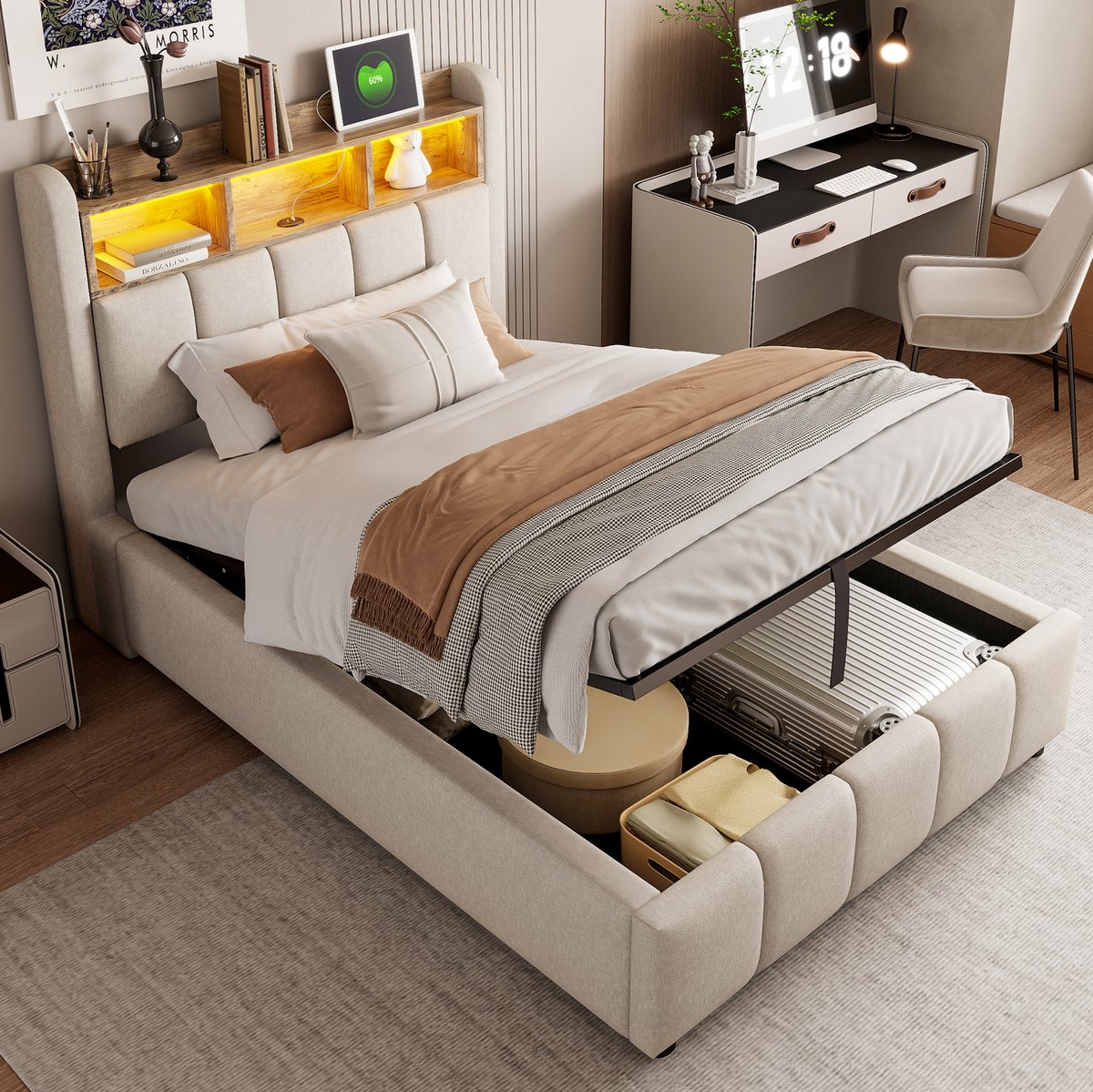 MEUNIQ gestoffeerd bed 90x200 cm met LED-verlichting, USB en Type-C, hoofdbord met opbergr