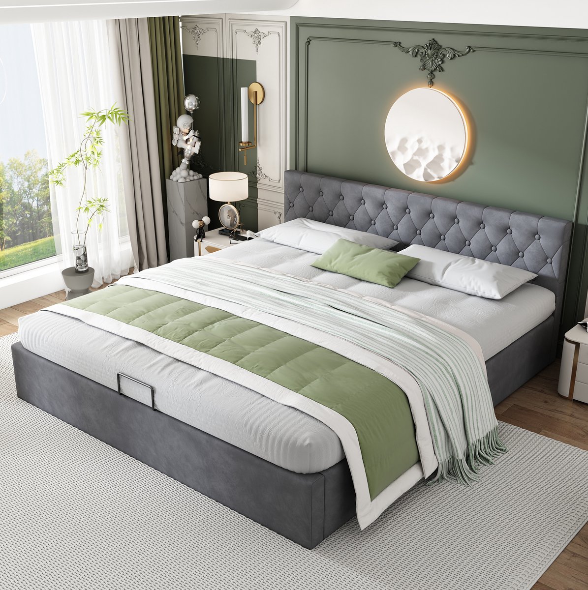 MEUNIQ tweepersoons bed 180x200 cm met hydraulische opbergruimte, lattenbodem, geknoopt hoofdbord, grijze fluwelen stof, bedframe voor slaapkamer Grijs