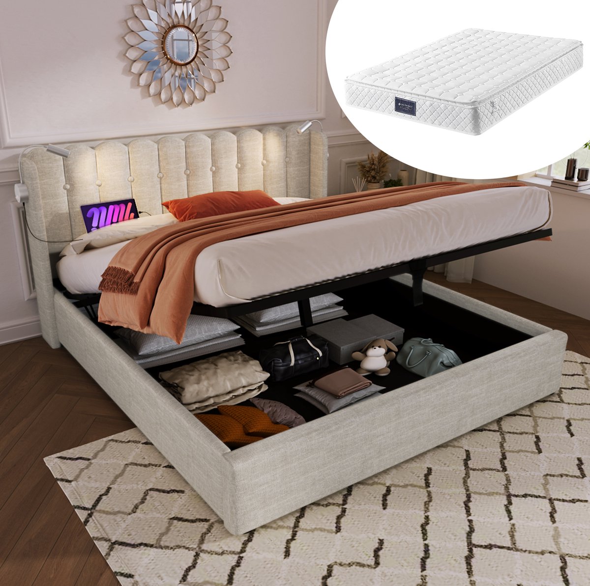 MEUNIQ tweepersoons bed 160x200 met opbergruimte, leeslamp en 2 USB-poorten, gestoffeerd b