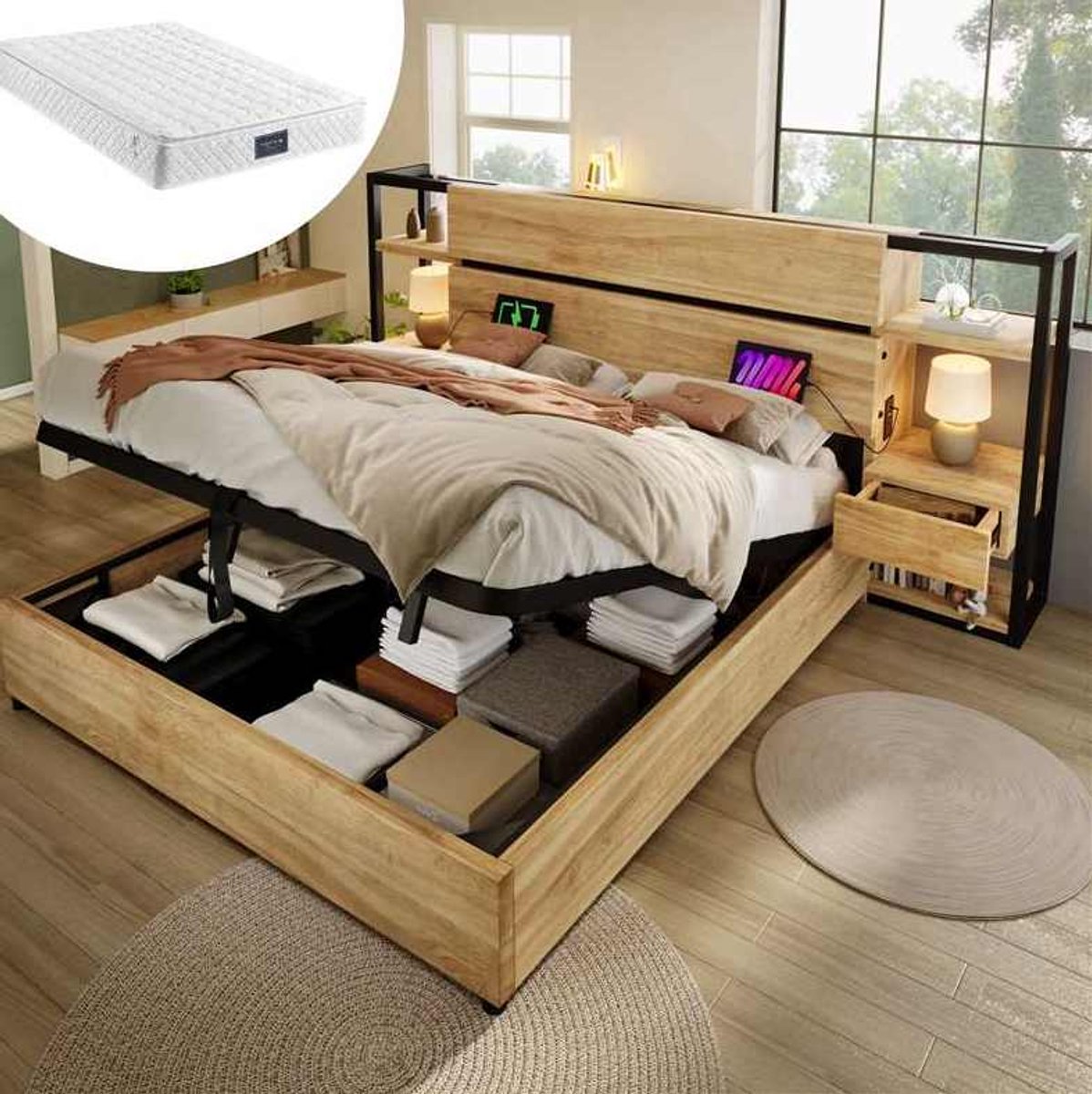 MEUNIQ tweepersoons bed 160x200 cm met matras, opbergbed met hydraulische bergruimte, hoofdbord met lades, USB en Type-C, lattenbodem, eiken en zwart