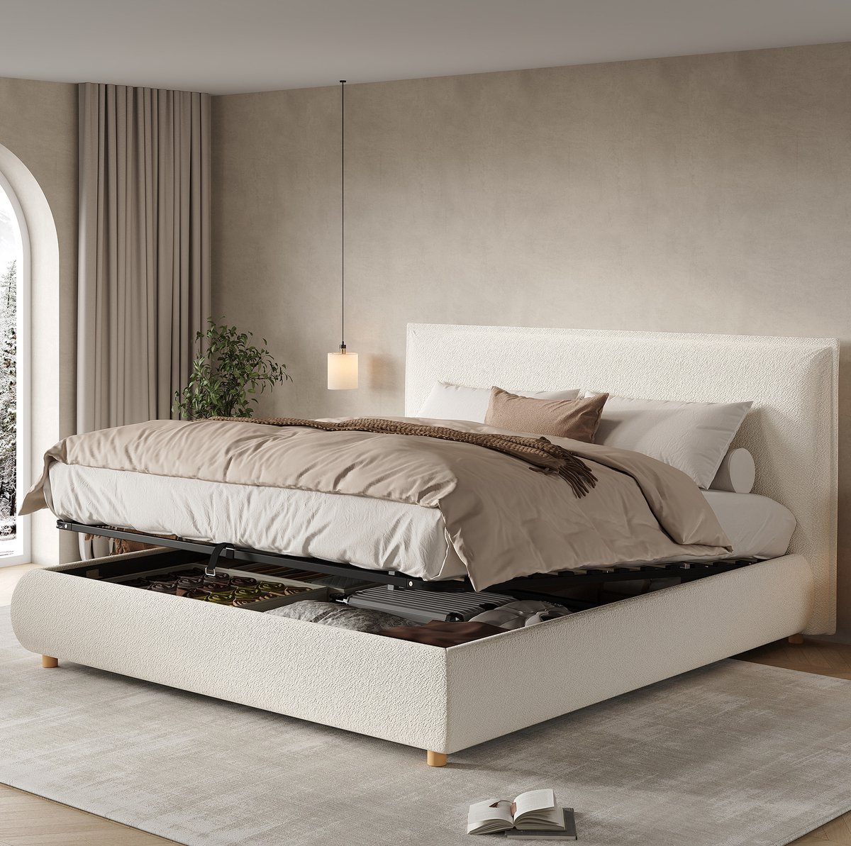 MEUNIQ tweepersoons bed 180x200 cm met hydraulische opbergruimte, lattenbodem en gestoffeerd hoofdbord, bouclé bedframe voor slaapkamer, wit