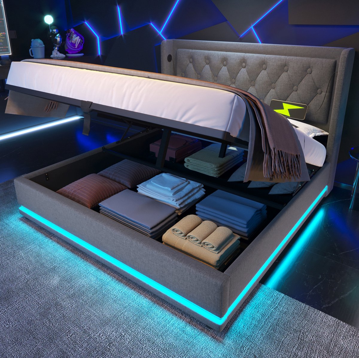 MEUNIQ gestoffeerd bed 140 x 200 cm met hydraulische opbergruimte, USB Type-C oplaadfunctie en 3-zijdige LED voor de slaapkamer, grijs