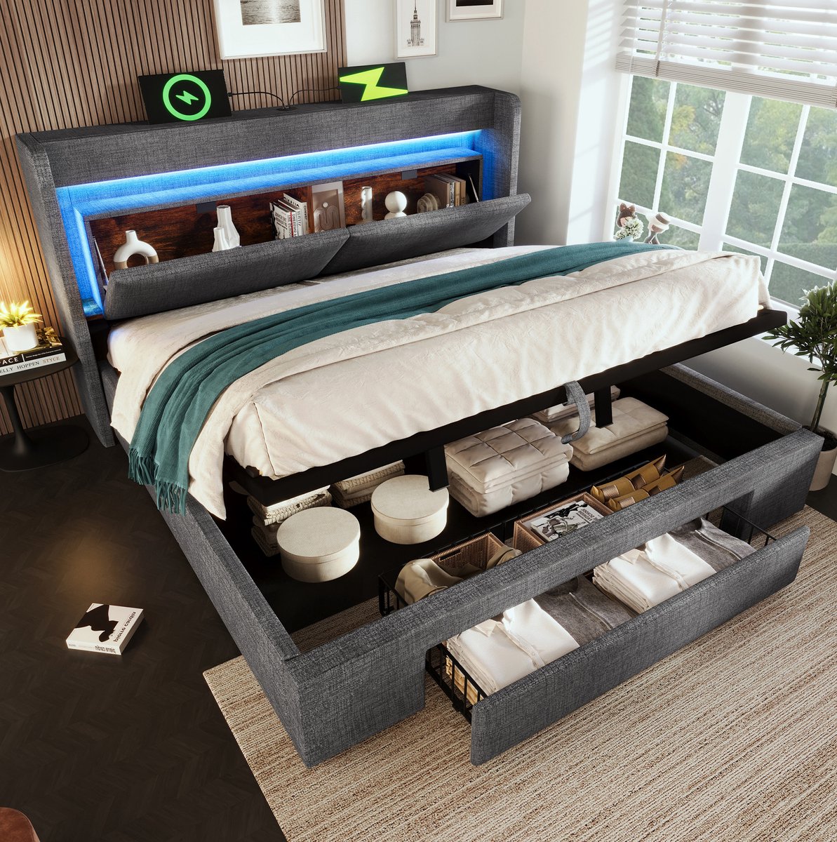 MEUNIQ Gestoffeerd bed 160 x 200 cm met hydraulische opbergruimte, hoofdbord met opbergvak, LED-verlichting en USB/USB-C aansluiting, grijs