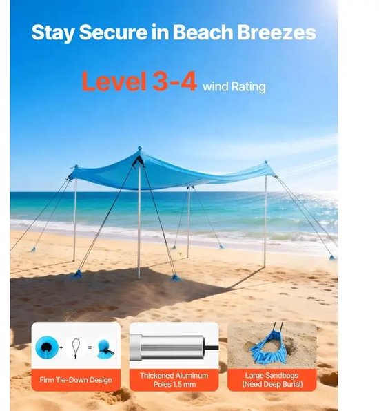 Miryx Strandtent - Zonnescherm voor Strand - Draagbare Strandluifel - Schaduwdoek - Windbestendige Canopy - UV-bescherming - Draagtas — afbeelding 2