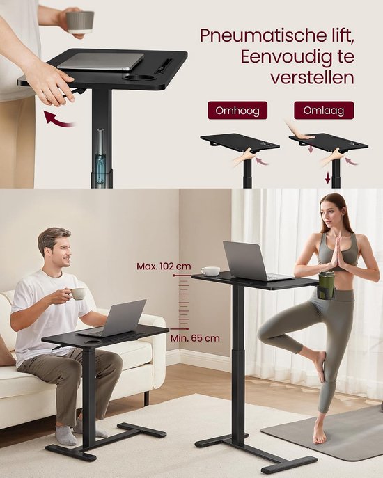 Verrijdbare Tafel - Bijzettafel Bureau - Flexibel Werken - In Hoogte Verstelbaar - 70 x 40 cm - Zwart — afbeelding 5