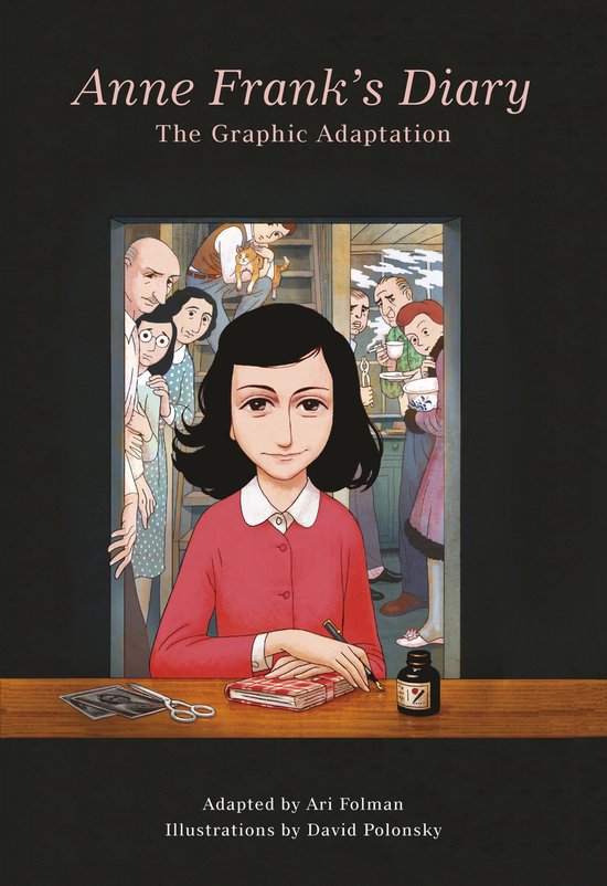 Boekomslag van Anne Frank's Dagboek: De Grafische Adaptatie. Anne draagt een rood jasje en zit aan een bureau.