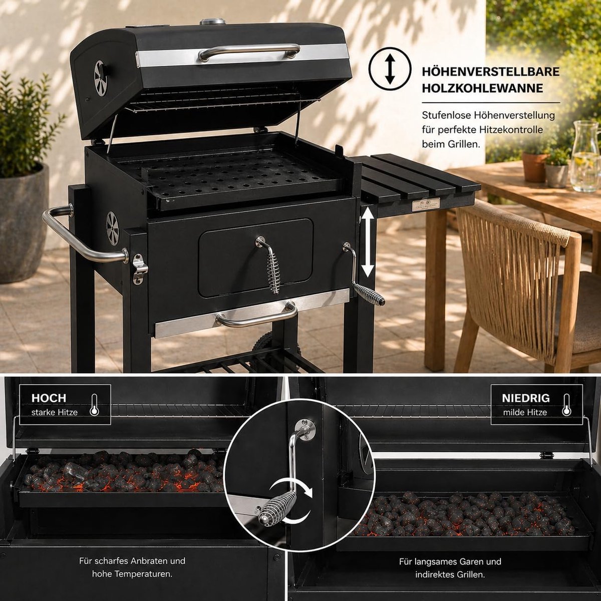SMH LINE® BBQ houtskool XL- Smoker Barbecue - Verstelbare Kolenroosters & Inklapbare Zijtafel - Zwart – foto 5
