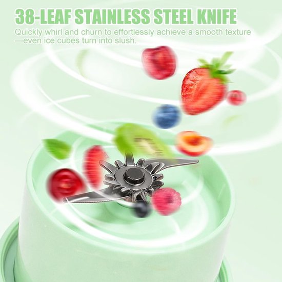 Draagbare Blender - Smoothie Maker - Verse Drankjes Maken - 38 Roestvrijstalen Messen - 1200 ml - Lichtgroen — afbeelding 2