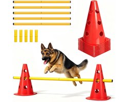 Honden Agility Set - Cavaletti Training - Coördinatie Oefenen - Flexibel Parcours - 10 Kegels 5 Stangen - Blauw Rood