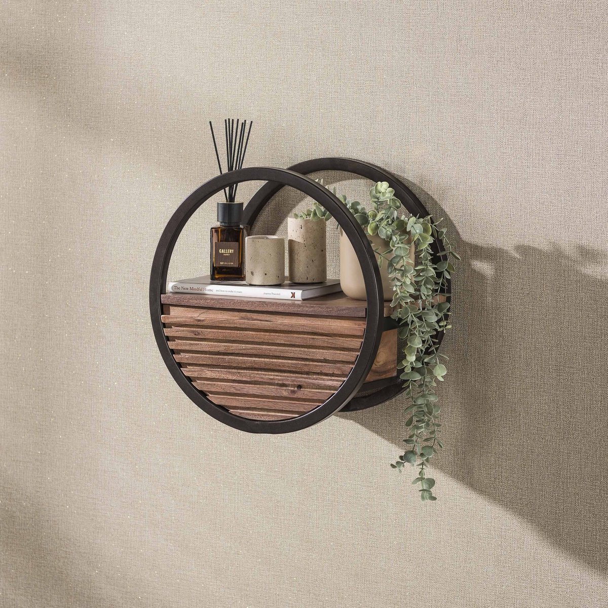 PS-Collection Wandschap Acaciahout Bruin 1 Lade Circular Ø40cm - wandplank, wandrek industrieel, wandrek metaal zwart, wandrek rond, wandrekken, wandplank zwevend, wandplank hout