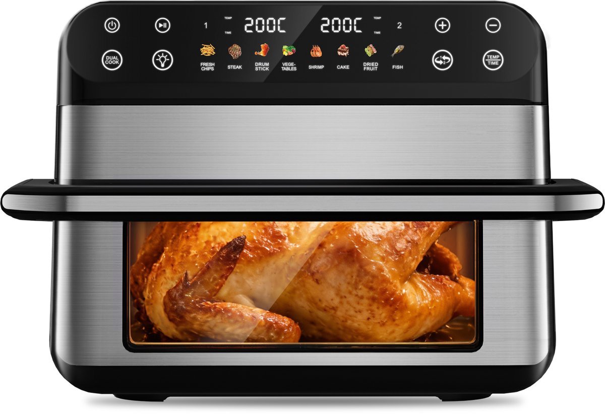Fukstern Airfryer XXL 11L – Grote Airfryer met Flexibele Basket, Uitneembare Scheidingswand & Kijkvenster – Touchscreen – Onafhankelijke Temperatuurregeling – 2600W – 8 Programma's – PFAS-vrije Metalen Anti-aanbakmand – Zilver