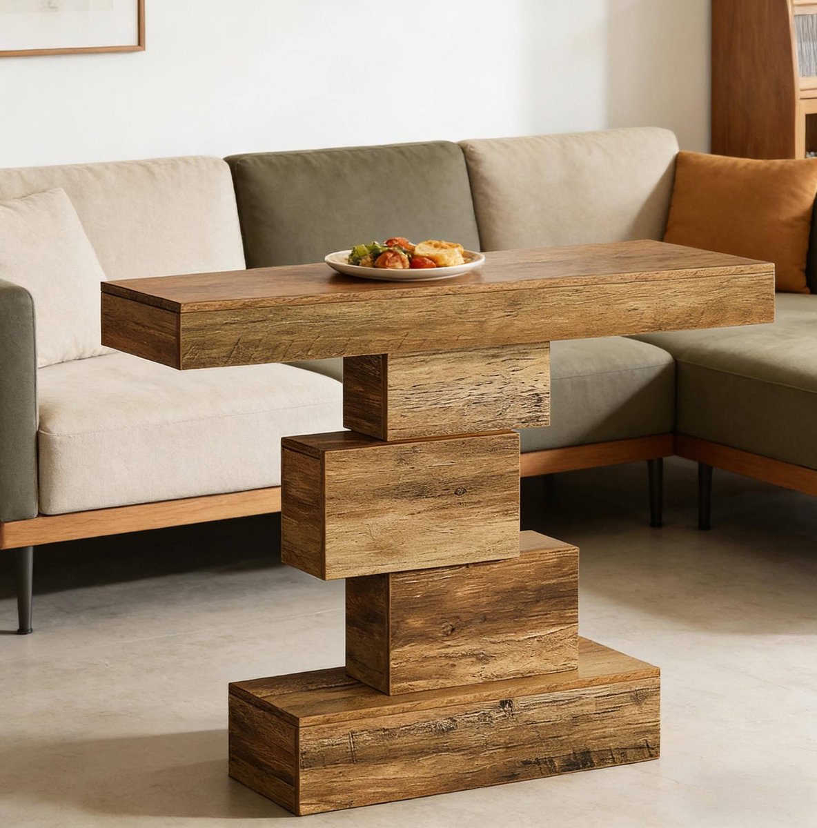 HAUSS SPOLE Sidetable - Geometrische Consoletafel Met Houtnerf - Voor Hal Woonkamer En Slaapkamer - Hout - 108 X 30 X 80 Cm - Lichtbruin