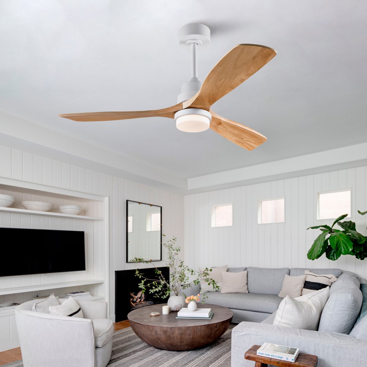 HAUSS SPOLE Ventilator – 132 cm – Met Verlichting En Afstandsbediening – Metaal En Massief Hout – Wit En Naturel – Voor Woonkamer En Slaapkamer