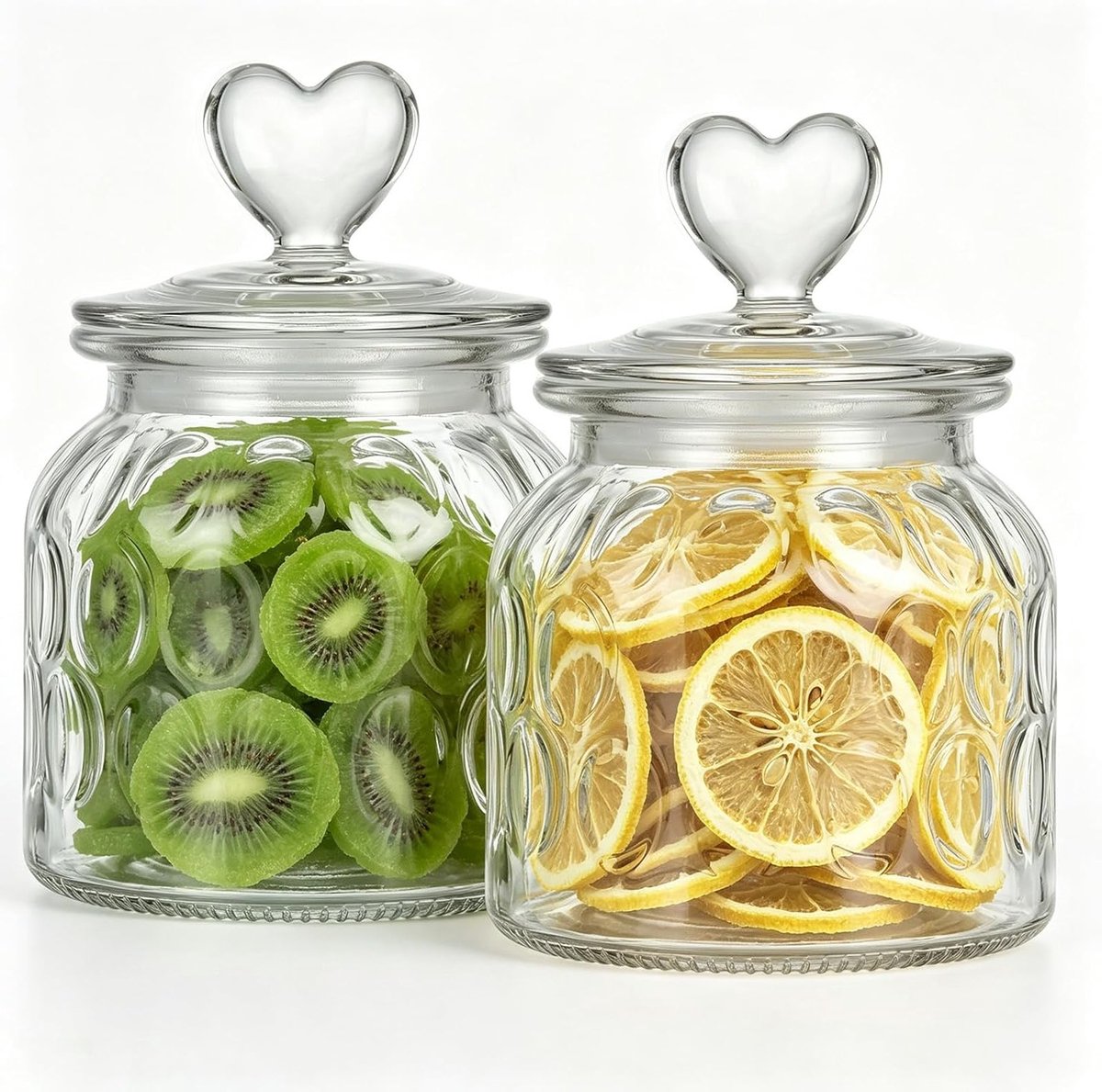 Set van 2 luchtdichte glazen potten met hartdeksel, 650 ml, transparant voor koekjes, snoep, noten en snacks, ideaal voor keukenopslag en decoratie
