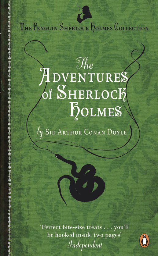 Het boek 'The Adventures of Sherlock Holmes' uit De Penguin Sherlock Holmes Collectie, met een groene omslag, gedetailleerde patronen en een zwarte slangafbeelding.
