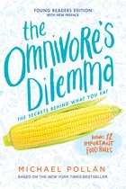 Boekomslag van 'The Omnivore's Dilemma' met blauwe tekst en een afbeelding van een maiskolf.