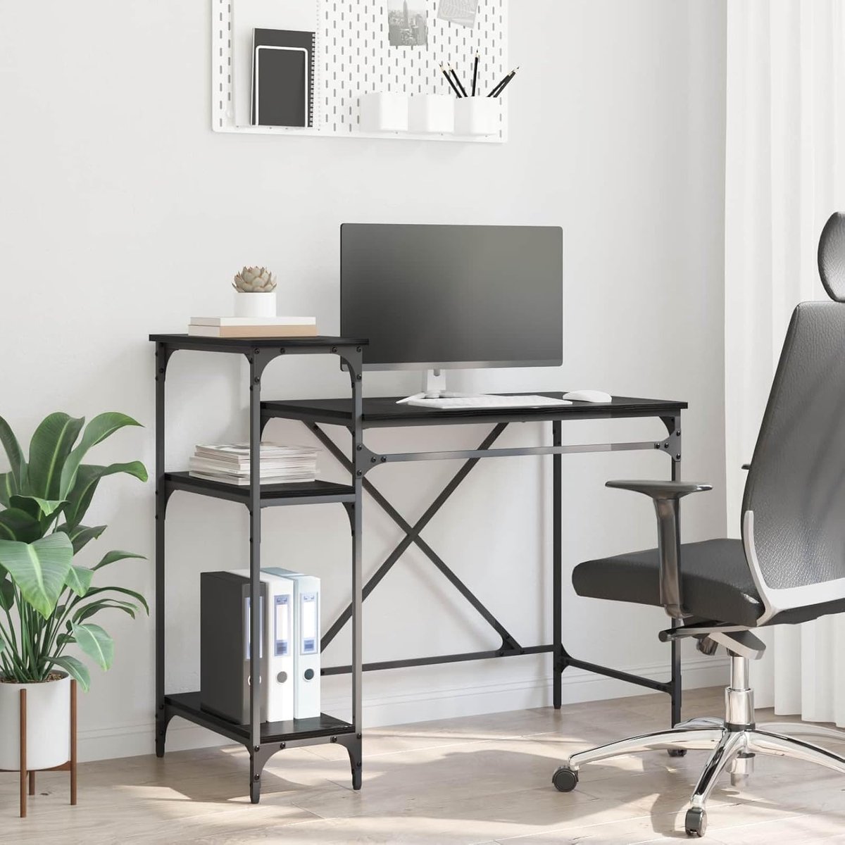Industrieel bureau - Werktafel met opbergruimte - Thuiswerken en studeren - Geïntegreerde opbergplanken - 105 x 50 cm - Zwart eiken