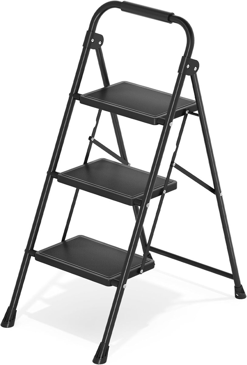 Trapladder 3 treden - Vouwladder staand - Klusjes in huis - Met leuning - Belastbaar 150 kg - Zwart