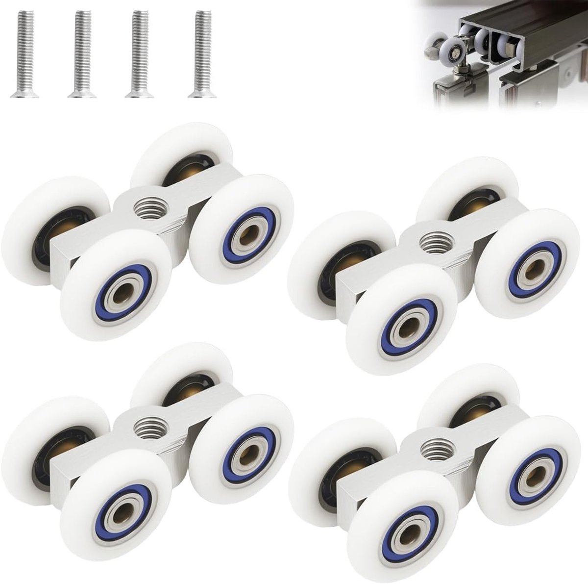 Set van 4 Stille Rollers met 20mm Diameter voor Schuifdeuren, Vervangingswielen voor Schuifpoorten, Glazen Deuren en Meubelhardware