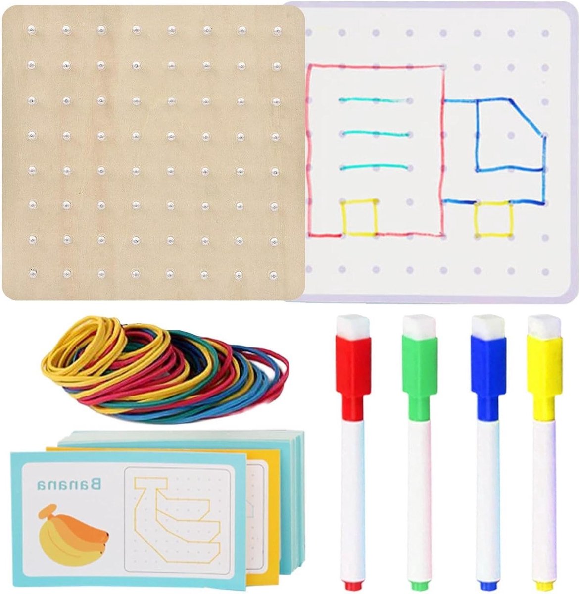 Houten Geoboard - Wiskunde Bord - Educatief Spel - Veilig Afgerond - 16.5 x 16.2 cm - Houtkleur