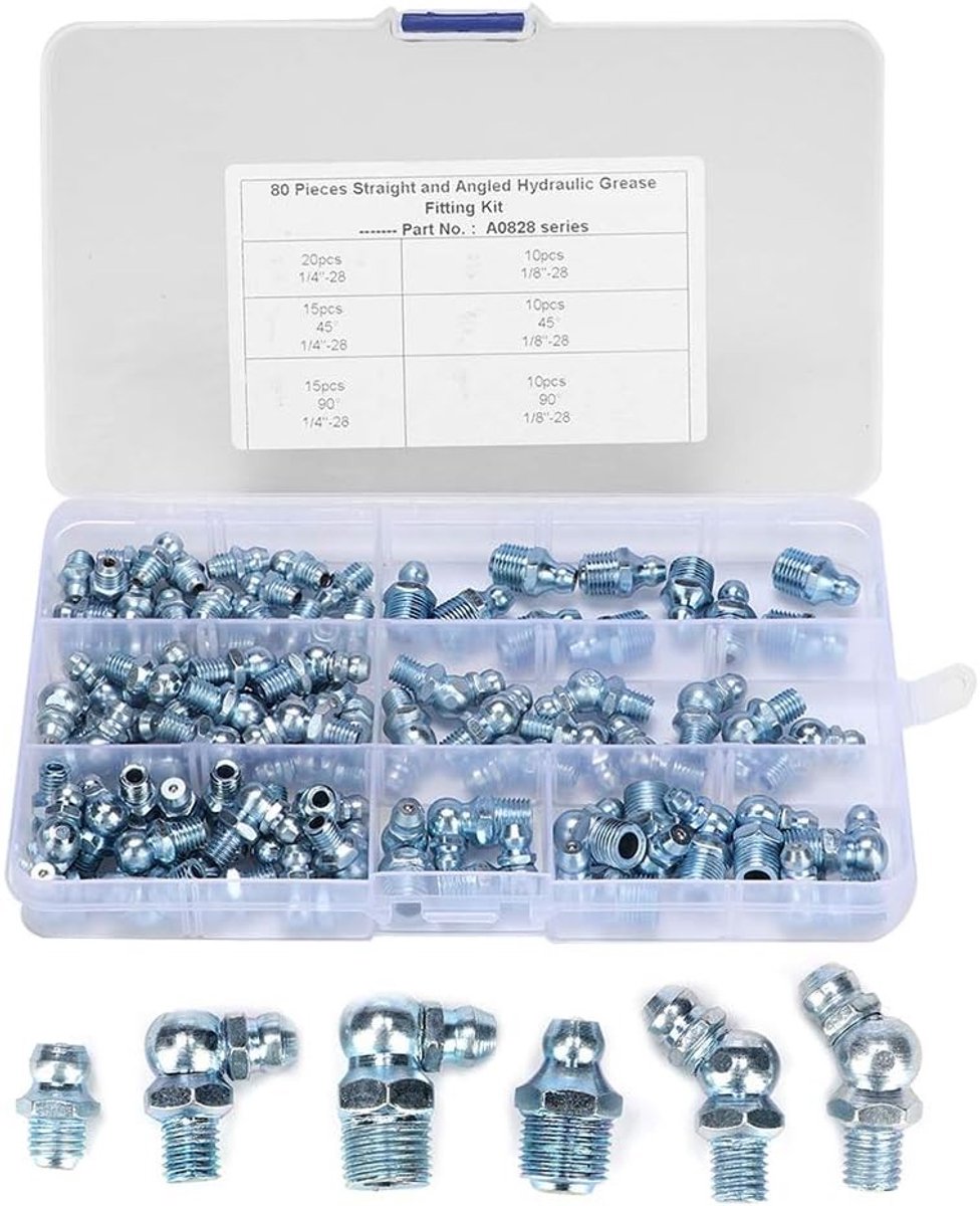 Assortiment van 80 Stuks Smeernippels, 45° 90° 180°, 1/8in en 1/4in, Geschikt voor Hydraulische Slangen en Buizen