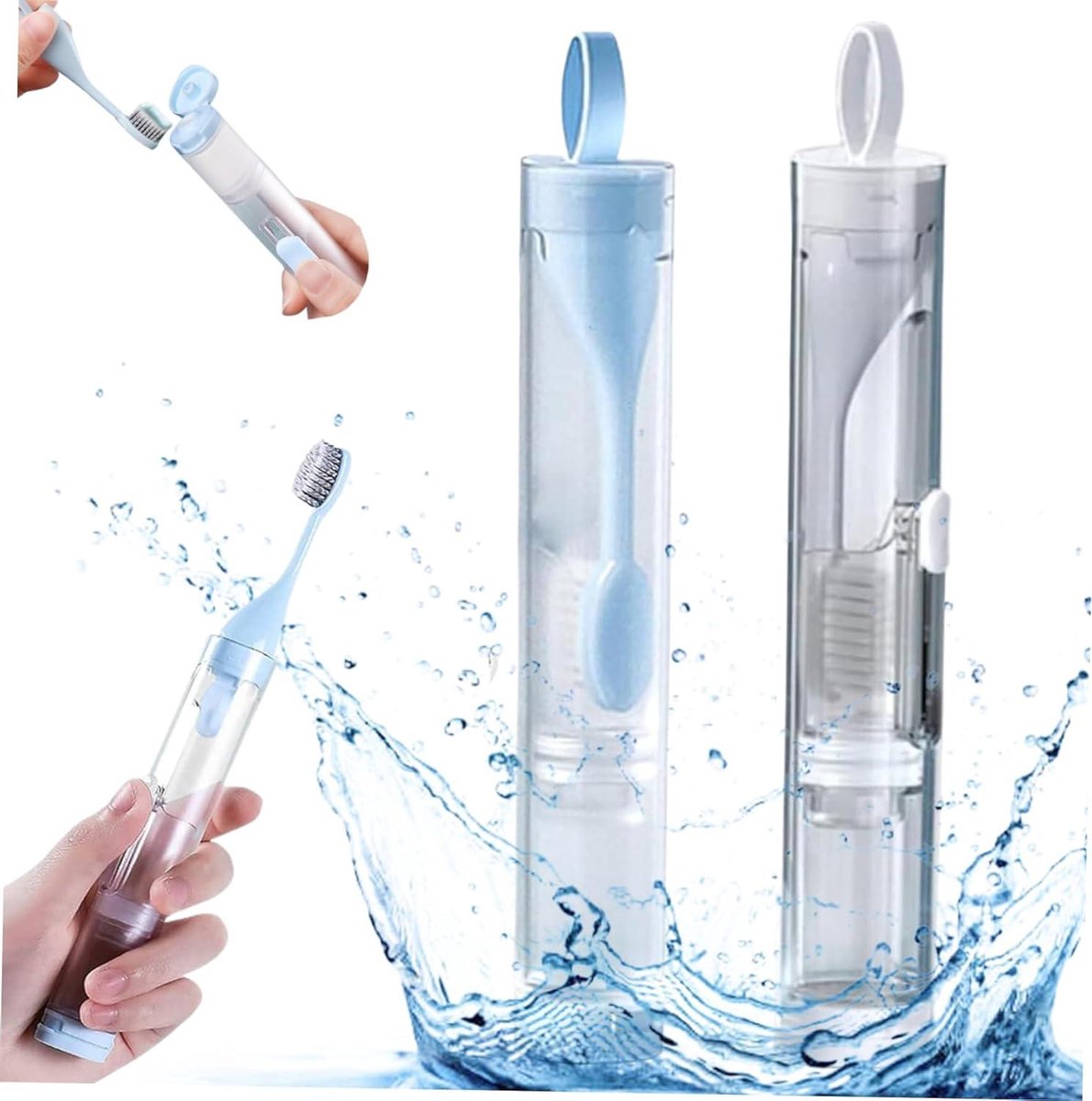 Tandenborstel Set - Reis Tandenborstel - Hygiënisch Reizen - 3-in-1 Kit - 2 Stuks - Wit Blauw