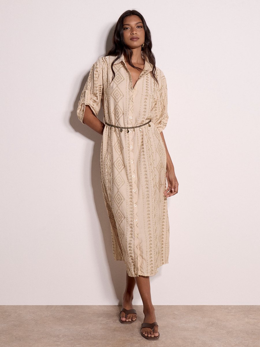 Geometrische glanzende geborduurde midi-shirtjurk