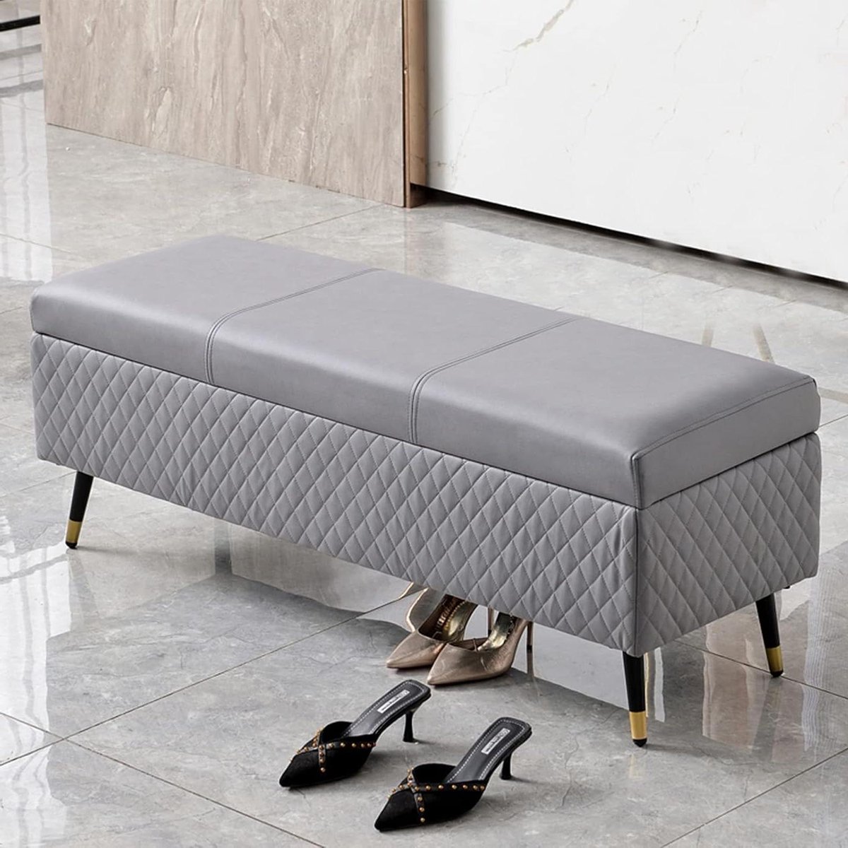 Opbergbank met voetenbank - Luxe poef - Ruimte besparen - Verborgen opbergruimte - 80x40x45cm - Grijs