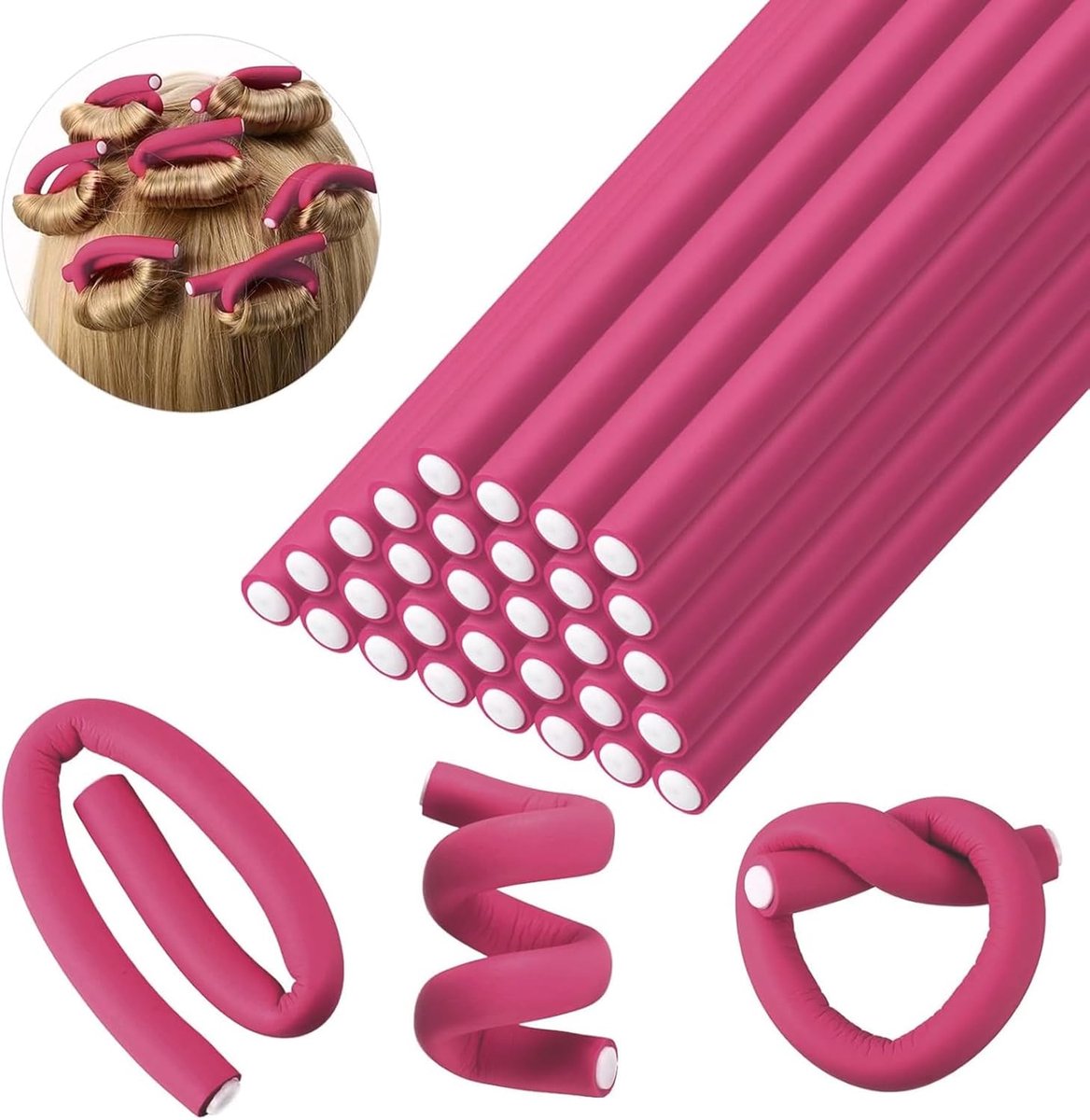 SnelShoppen - 30 Stuks Roze Flexibele Haar Krulstaven | Foam Krullers zonder Hitte, 24x0,8 cm, Voor Makkelijke Krullen, Geschikt Voor Feest en Dagelij