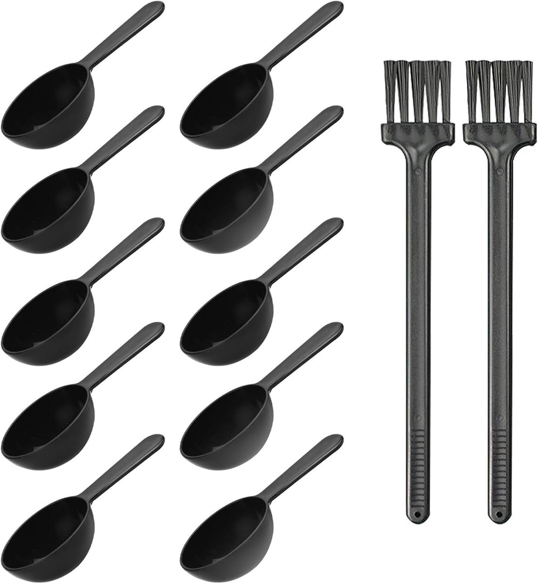 SnelShoppen - 10 Maatlepels voor Koffiebonen, Herbruikbare Plastic Keukenhulpmiddelen met 2 Schoonmaakborstels, 7 Gram Maat, Zwart, Ideaal voor Eten &