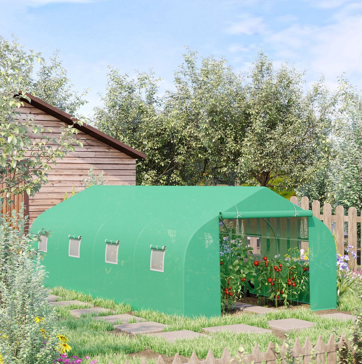 COVREO Tomatenkas 595x300x200 cm groen, stalen frame met oprolbare ramen