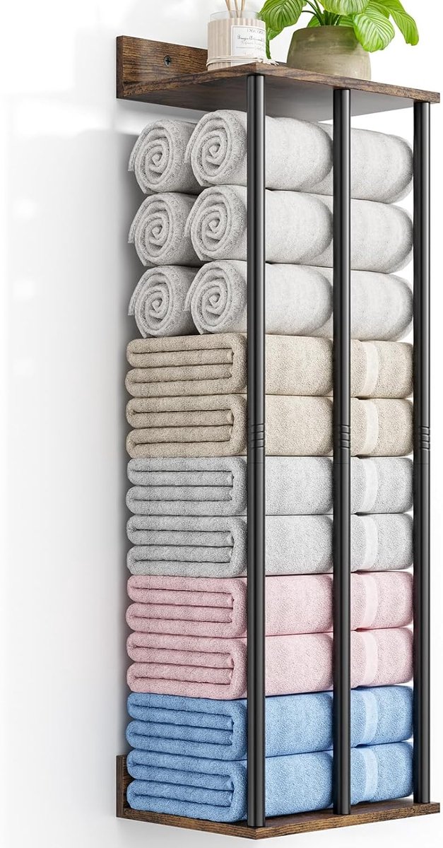 SnelShoppen - Badkamer Handdoek Rek met Houten Opbergplank, Rolhanddoek Houder voor Opgerolde Handdoeken, Stevig en Ruim Opslagcapaciteit, Handdoekopb