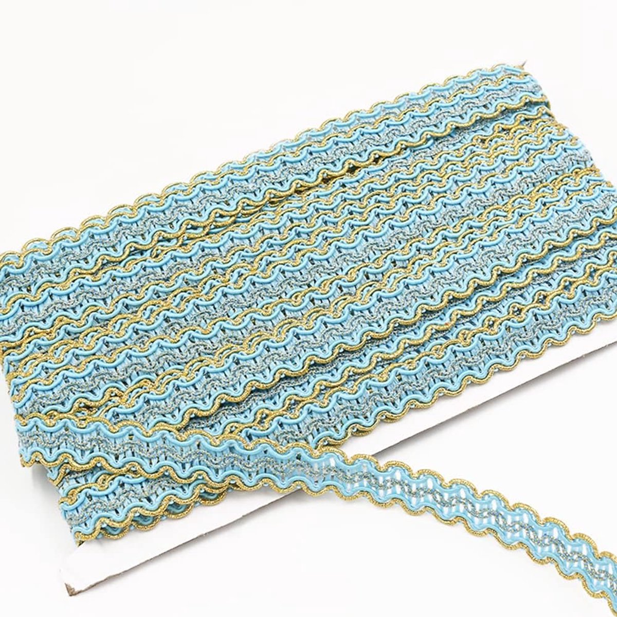 SnelShoppen - 12 Meter 1.5cm Golvend Kant met Gouden Rand, Decoratieve S-Vormige Draad voor Kleding, DIY Creaties, Bruiloft, Gordijn, Lichtblauw
