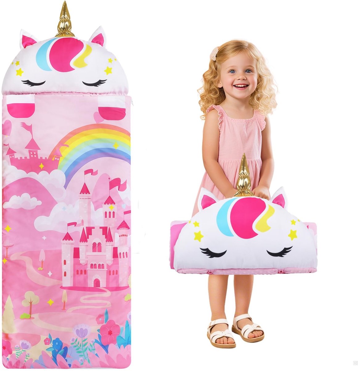 Omgoods - Kinder Slaapzak met Eenhoorn Design en Uitneembaar Kussen Roze