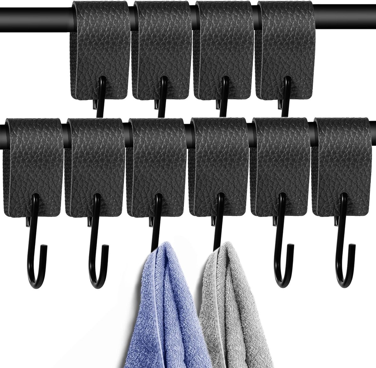 Omgoods - Set van 10 Zwarte S-Haken met Leren Lus