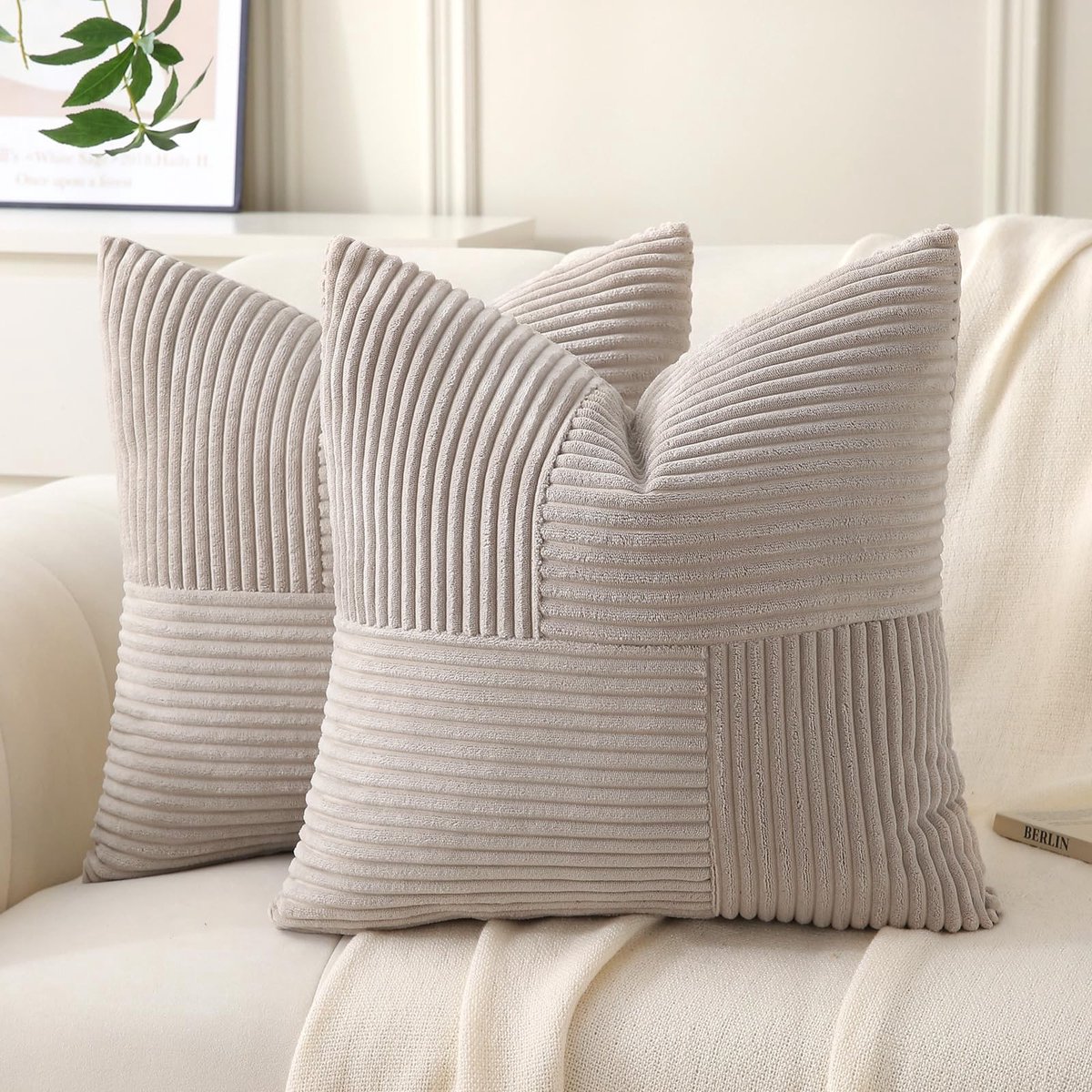 Omgoods - Set van 2 Corduroy Kussenhoezen 40 x 40 cm Taupe Boho