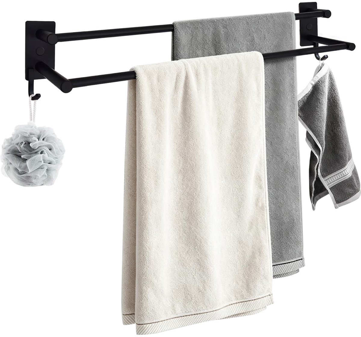 Omgoods - Dubbele Handdoekrail zonder Boren - Rvs 70 cm met 2 Haken (Zwart)