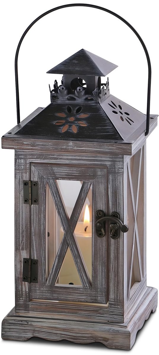 Omgoods - Houten Lantaarn voor Kaarsen, Vintage Decoratie voor Binnen en Buiten
