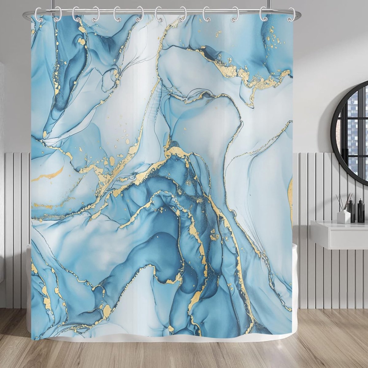 Omgoods - Aqua Blauw Marmer Douchgordijn 180 x 220 cm
