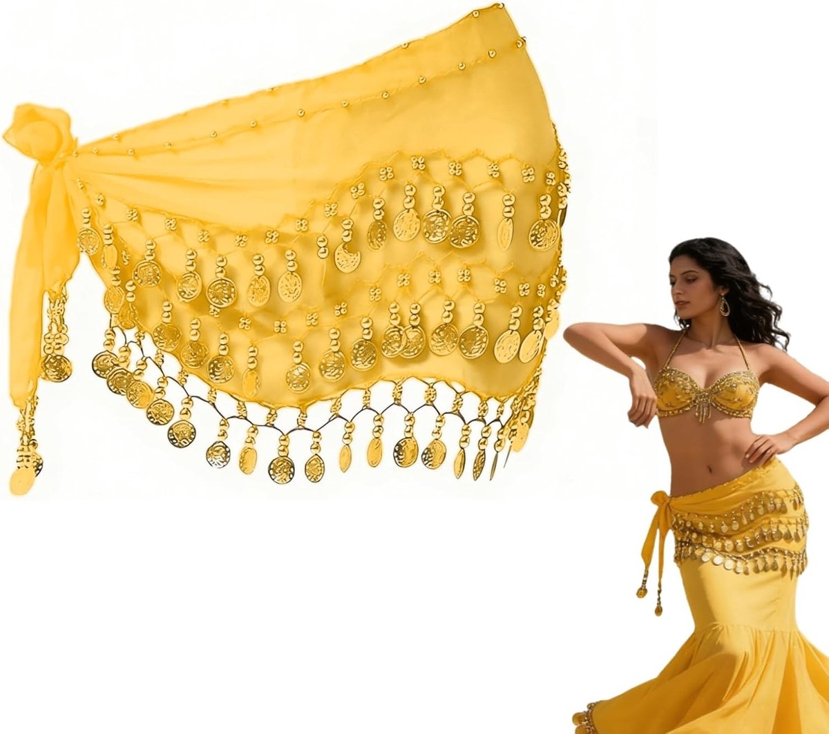 Bellydance heupschort met munten, chiffon buikdans kostuum rok, geel, een maat, perfect voor danslessen en optredens