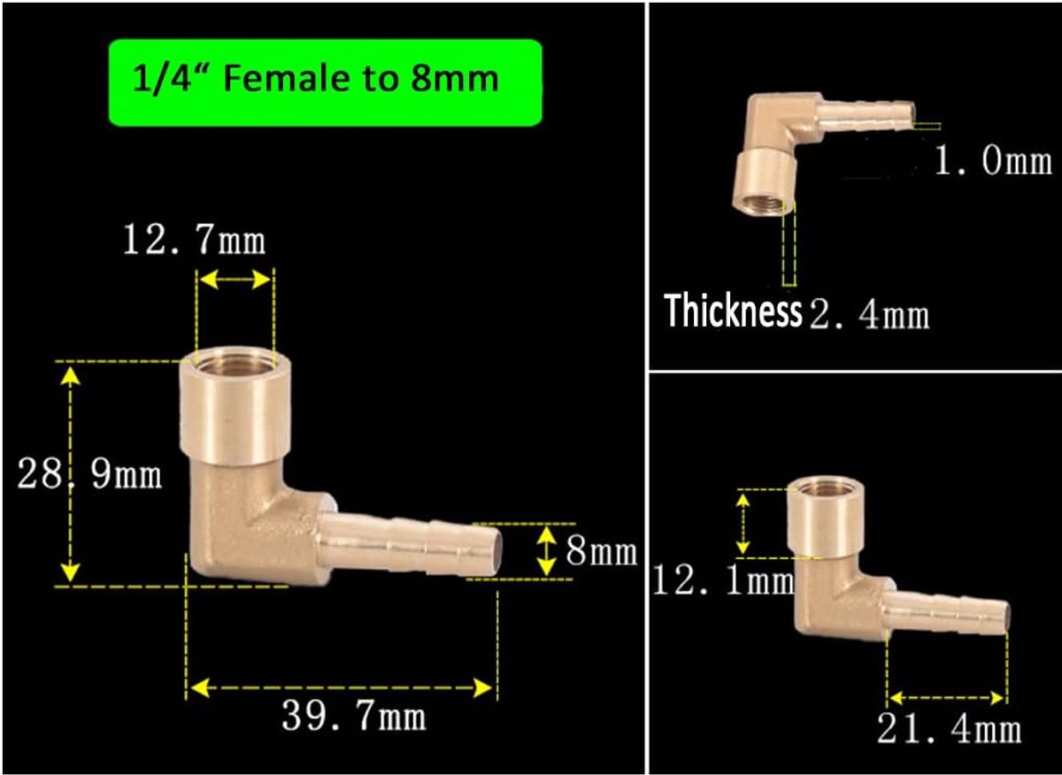 SnelShoppen - Messing Barb Slangfitting 8mm, 90 graden L-vormige Buiskoppeling 1/4" BSP Vrouwelijk, Slangadapter voor Tuin, Voertuigen, Brandstof en H