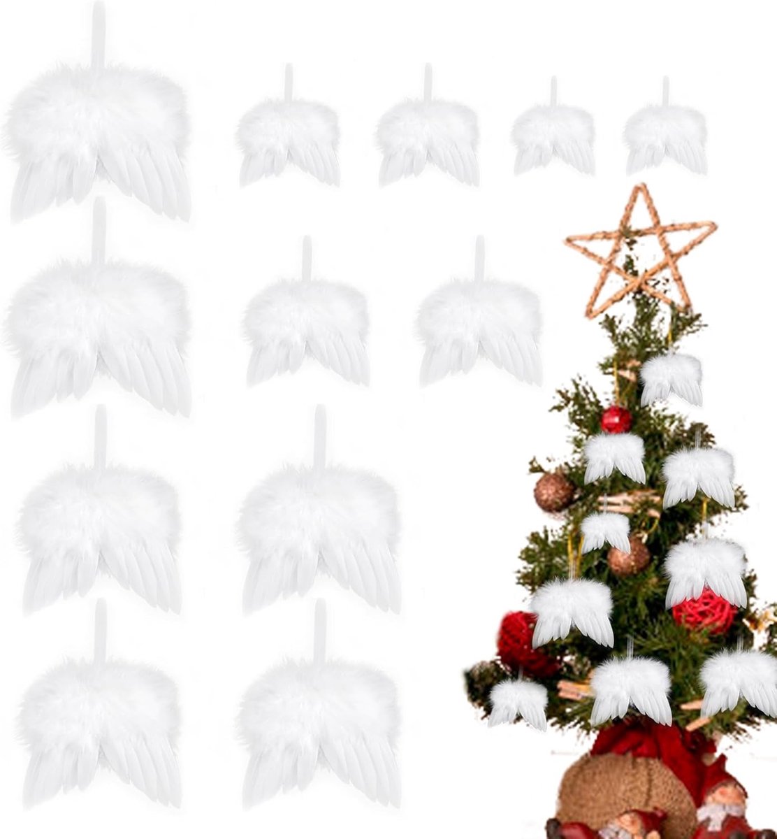 SnelShoppen - 12 Stuks Witte Engelvleugels Decoratie Set voor Kerstboom, Feest, Kruidenierswaren, Kunst, Handwerk, Met Kunstmatige Veertjes en Ribbons